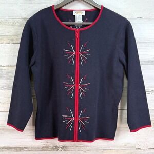 Talbots Navy Blue Red Fireworks Full Zip Front Sweater Knit Cotton Cardigan Sz M